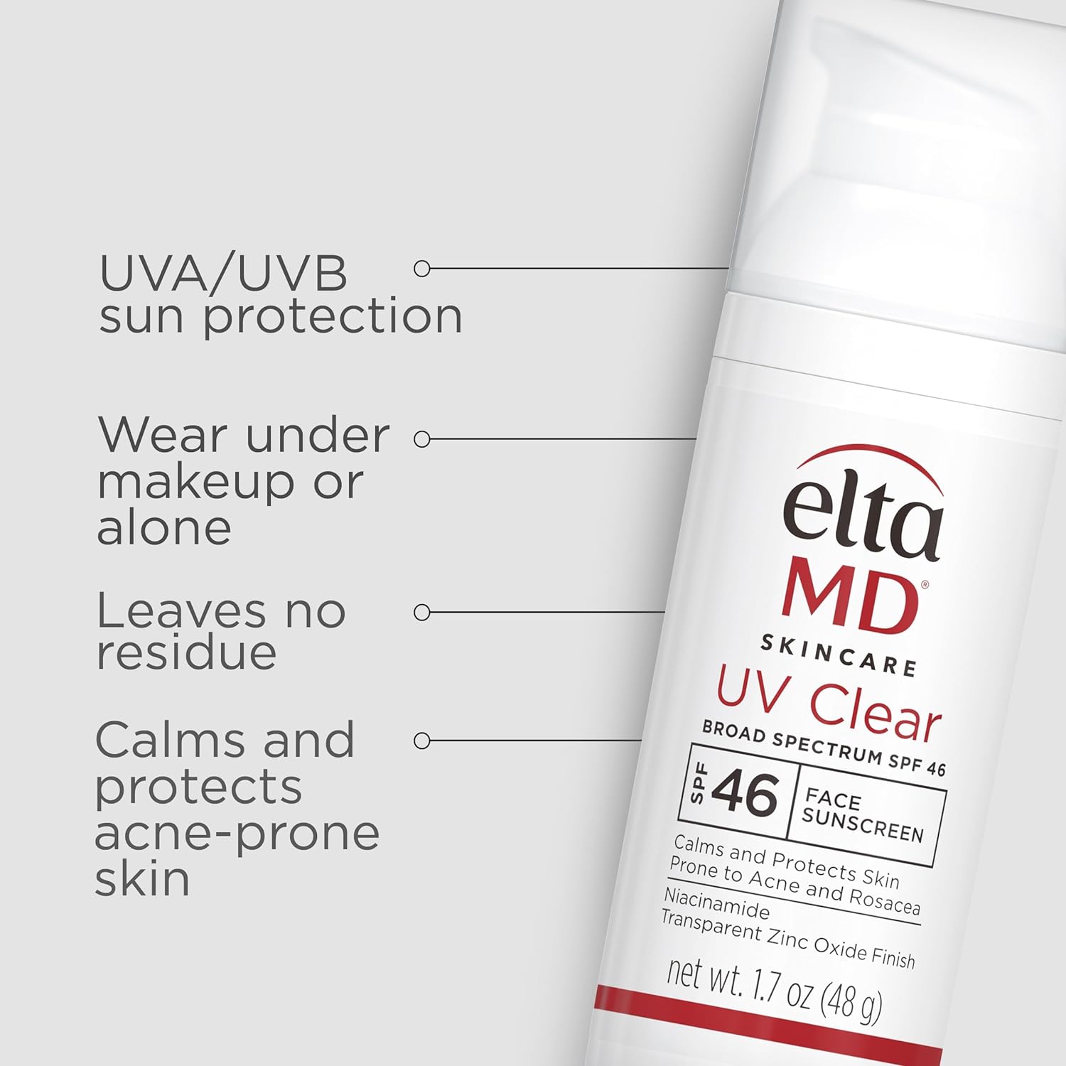 EltaMD UV Clear Facial Sunscreen, Broad-Spectrum SPF 46 for Sensitive or Acne-Prone Skin, Oil-free, Dermatologist-Recommended Mineral-Based Zinc Oxide Formula, 1.7 oz
