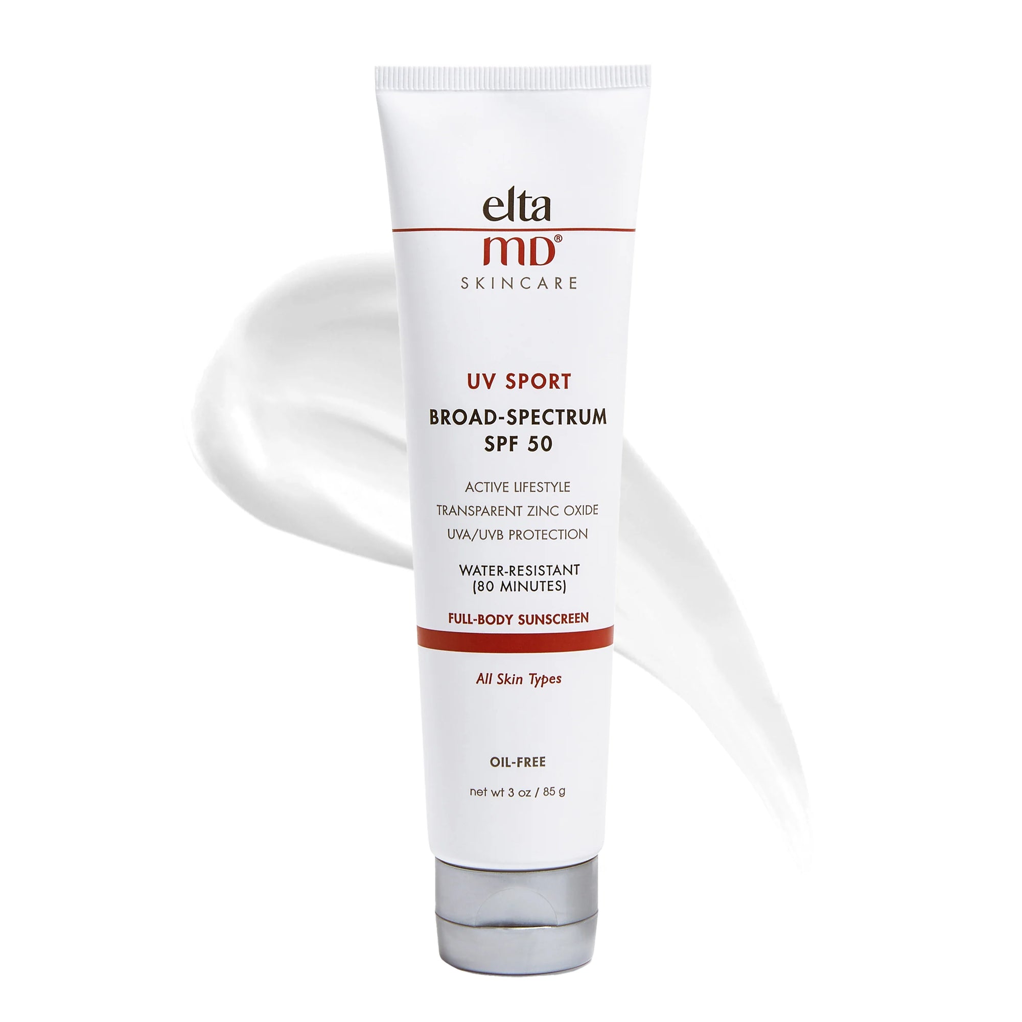 EltaMD UV Sport Broad Spectrum SPF 50 Sunscreen Sport Lotion, Body Sunscreen with UVA and UVB Protection, Water Resistant up to 80 Minutes, Non-Greasy, Oil Free Formula with Zinc Oxide, 3 oz Tube, Transparent