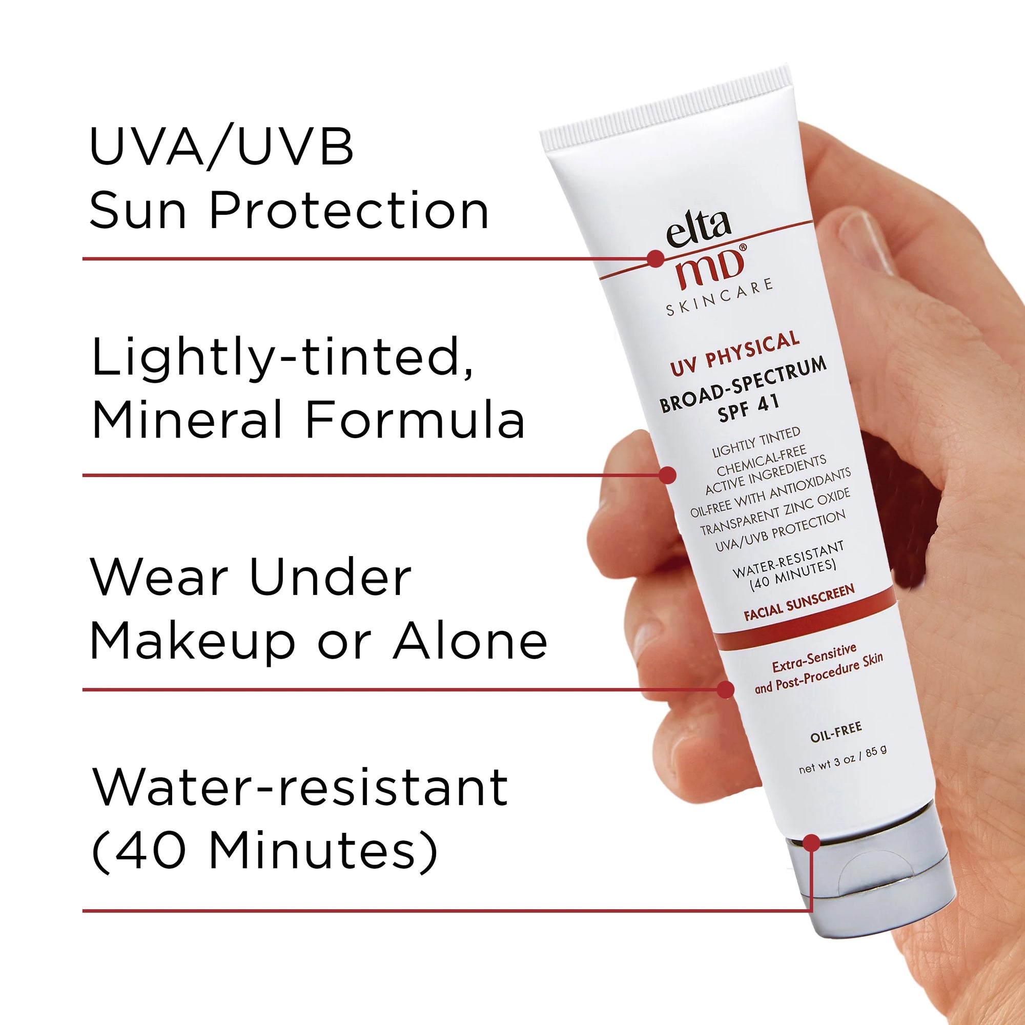 EltaMD UV Physical Broad-Spectrum SPF 41 Chemical-Free Face Sunscreen for Sensitive Skin and Post-Procedure Skin, Non-Greasy, 3.0 oz
